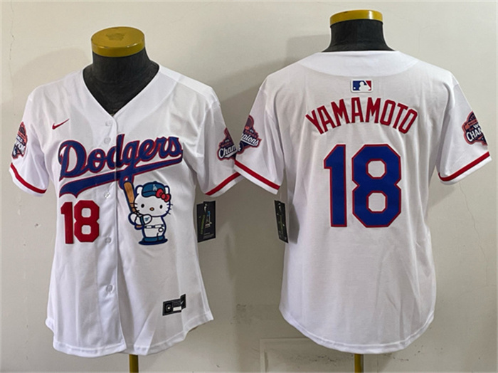 Youth Los Angeles Dodgers #18 Yoshinobu Yamamoto White Hello Kitty Night 2025 World Series Champions Patch Stitched Baseball Jersey Youth Los Angeles Dodgers #18 Yoshinobu Yamamoto White Hello Kitty Night 2025 World Series Champions Patch Stitched Baseball Jersey